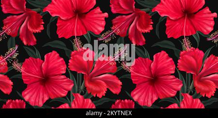 Schöne rote Hibiskusblüten. Nahtlose tropische Tapete. Exotisches tropisches Muster. Handgezeichnete 3D-Abbildung für Stoff, Tapete, Papier. Stockfoto