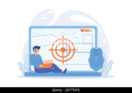 Gamer in einem Headset mit Laptop, der Videospiele aufnimmt. Videospiel-Rundgang, beliebte Videoinhalte, Gaming-Video-Stream-Konzept. Flacher Vektor Stock Vektor