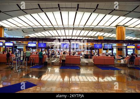 SINGAPUR - 07. NOVEMBER 2015: Check-in-Bereich am Flughafen Changi. Der Flughafen Singapur Changi ist der zivile Hauptflughafen Singapurs und einer der Flughäfen Stockfoto