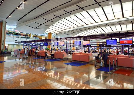 SINGAPUR - 07. NOVEMBER 2015: Check-in-Bereich am Flughafen Changi. Der Flughafen Singapur Changi ist der zivile Hauptflughafen Singapurs und einer der Flughäfen Stockfoto