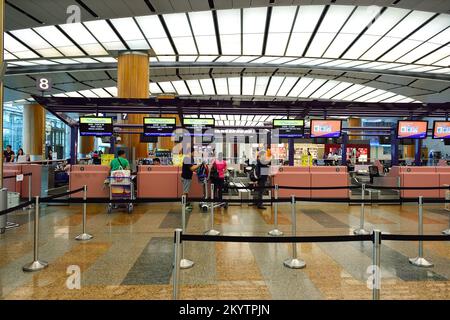 SINGAPUR - 07. NOVEMBER 2015: Check-in-Bereich am Flughafen Changi. Der Flughafen Singapur Changi ist der zivile Hauptflughafen Singapurs und einer der Flughäfen Stockfoto