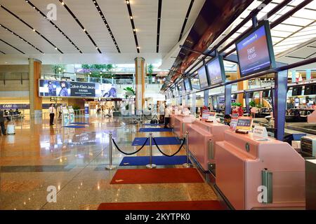 SINGAPUR - 07. NOVEMBER 2015: Check-in-Bereich am Flughafen Changi. Der Flughafen Singapur Changi ist der zivile Hauptflughafen Singapurs und einer der Flughäfen Stockfoto