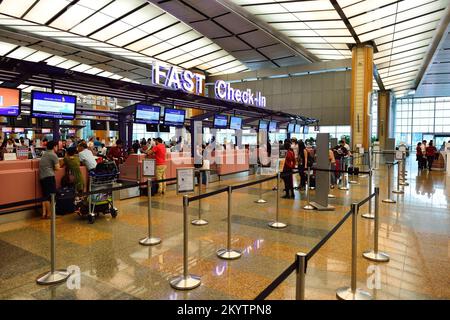 SINGAPUR - 07. NOVEMBER 2015: Check-in-Bereich am Flughafen Changi. Der Flughafen Singapur Changi ist der zivile Hauptflughafen Singapurs und einer der Flughäfen Stockfoto