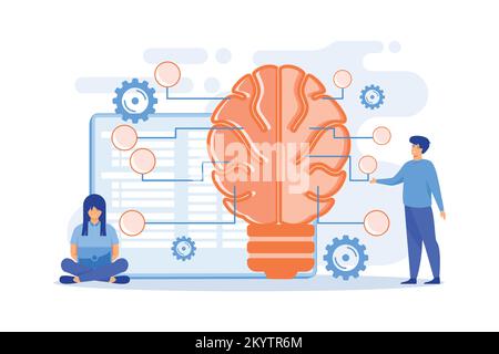 Großes Gehirn mit Schaltkreisen und Programmierern. Künstliche Intelligenz, maschinelles Lernen und Datenwissenschaft, kognitives Computing-Konzept auf weißem Hintergrund. F Stock Vektor