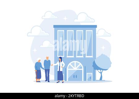 Qualifizierte Krankenschwester und ältere Menschen erhalten rund um die Uhr Pflege. Pflegeheim, Pflegeheim, physiotherapeutisches Leistungskonzept. Flach Stock Vektor