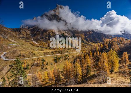 Pale di San Martino inmitten der Wolken im Herbstkleid (Dolomiten, Italien) Stockfoto
