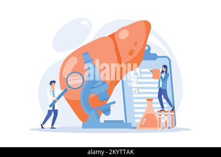 Ärzte untersuchen riesige Leber mit Lupe und Mikroskop. Zirrhose, Leberzirrhose und Leberkrankheitsbegriff auf weißem Hintergrund. Flachvect Stock Vektor