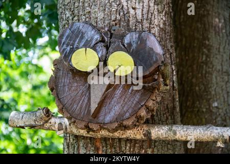 Hölzerne Eule, handgefertigt aus Holzstücken, auf dem Ast im öffentlichen Park platziert Stockfoto