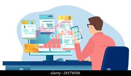 Vektor eines besorgten Mannes, der seine Rechnungen für Versorgungsunternehmen online auf seinem Computer und seiner mobilen App überprüft Stock Vektor