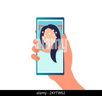 Konzept des Face ID Recognition Systems. Vektor einer Frau, die ein Mobiltelefon mit Gesichtserkennung benutzt, um Zugang zu erhalten Stock Vektor