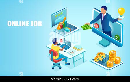 Vektor eines jungen Mannes, der an einem Computer arbeitet und für einen Online-Job belohnt wird Stock Vektor
