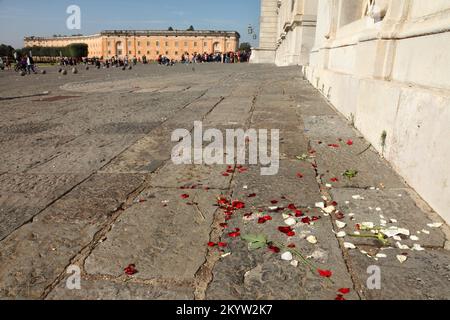 Rote und weiße Rosenblätter vor dem barocken Königspalast Caserta aus dem 18.. Jahrhundert / Reggia di Caserta, Italien. Stockfoto
