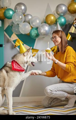 Eine Frau gratuliert dem Hund zum Geburtstag, der Hund gibt Pfote Stockfoto