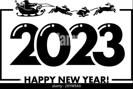 2023 Chinesischer neuer Kaninchenjahrskopf. Der Weihnachtsmann fährt in einem Schlitten mit Geschenken, die von Hasen gezogen werden. vektordekoration auf transparentem Hintergrund Stock Vektor