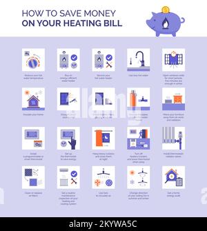 Wie Sie Ihre Heizkosten sparen, die Energiekosten senken und Ihr Haus umweltfreundlicher machen können Stock Vektor