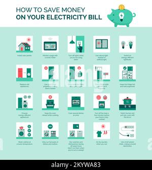 So sparen Sie Geld bei Ihrer Stromrechnung, sparen Energie und senken die Energiekosten Stock Vektor