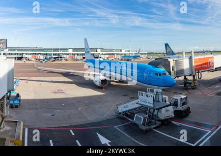 Ein Bild eines KLM-Flugzeugs am Flughafen Schiphol. Stockfoto