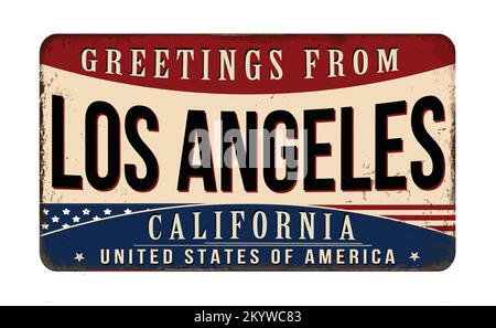 Grußwort aus Los Angeles rostigem Metallschild auf weißem Hintergrund, Vektorbild Stock Vektor