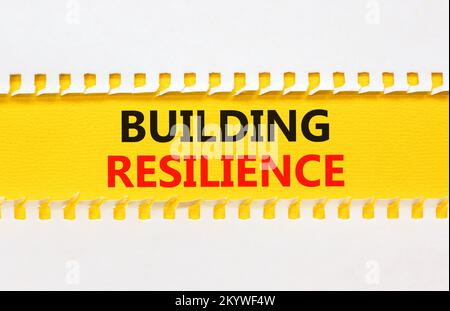 Das Symbol für Resilienz aufbauen. Konzeptwort „Resilienz aufbauen“ in Gelb und Weiß geschrieben. Wunderschöner gelb-weißer Hintergrund. Business und Buil Stockfoto