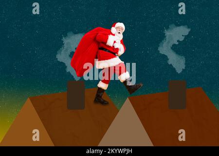 Kreative Fotocollage Illustration positiver lustiger Laune beeindruckt begeistert begeistert der weihnachtsmann, der auf dem Dach spaziert und Geschenke am Schornstein überreicht Stockfoto