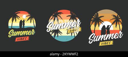 Kollektion von Sommergrafiken für Bekleidung. Retro 80er-Designs für T-Shirts. Vintage-Labels mit miami-Vibes. Tropische Vektorsilhouetten für Sommerstimmung. Stock Vektor
