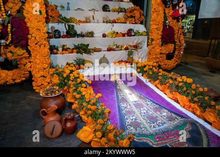 Eine große Orenda im Zocalo vor der Metropolitan Cathedral, um den Tag der Toten in Oaxaca, Mexiko, zu feiern. Stockfoto