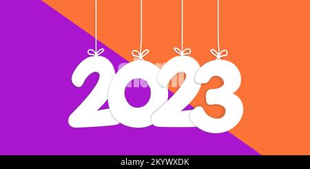 Weißer Text 2023 Weihnachtswort hängt an den Seilen. Frohes neues Jahr. Stock Vektor