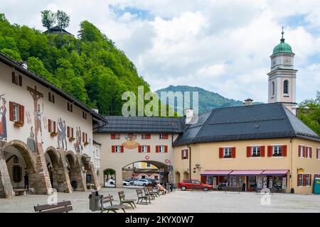 Stadtzentrum von Berchtesgaden, berühmte historische Stadt im Nationalpark Berchtesgadener Land, Oberbayern, Deutschland Stockfoto