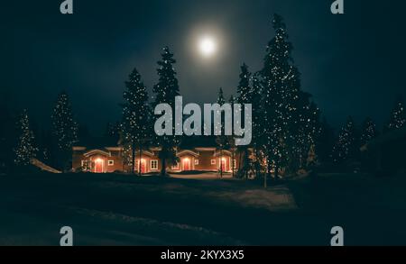 Weihnachtsnächtlandschaft mit verschneitem Wald bei Vollmond. Stockfoto