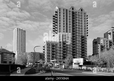 Neue Appartementhäuser, einschließlich der Hale Wharf-Baustelle in Tottenham Hale, North London, Großbritannien, von der Ferry Lane aus gesehen Stockfoto