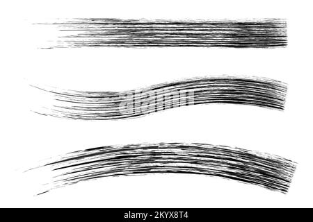 Schwarzer Mascara-Pinselstrich, handgezeichnet, kosmetisches Make-up, isoliert auf Weiß. Realistische Mascara-Abstrich-Set-Schablone. Mascara-Wimpern-Pinselstrich Stock Vektor