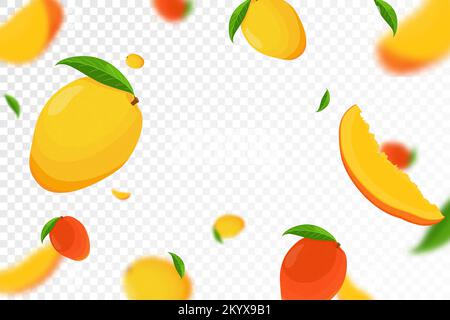 Fliegende Mango, nahtlos gemusterter Hintergrund mit grünen Blättern und Scheiben von Mangofrüchten. Verschwommener Effekt, realistische 3D-Vektordarstellung. Fallende Mango Stock Vektor