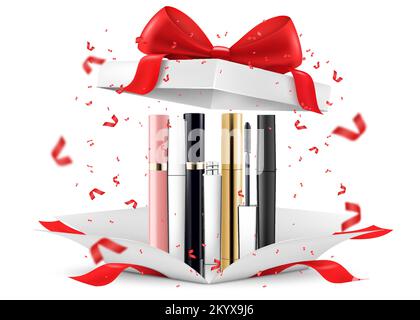 Mascara in einer offenen Geschenkbox, isoliert auf weißem Hintergrund. Weiße Geschenkbox mit Kosmetikartikeln. Geschenk, Geschenk, Überraschungskonzept. 3D-Rendering Realisti Stock Vektor