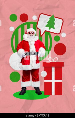 Vertikale Collage eines alten, flippigen weihnachtsmanns Think Talk Neujahr immergrüne Baumzeichnung geschenkbox isoliert auf kreativem Hintergrund Stockfoto