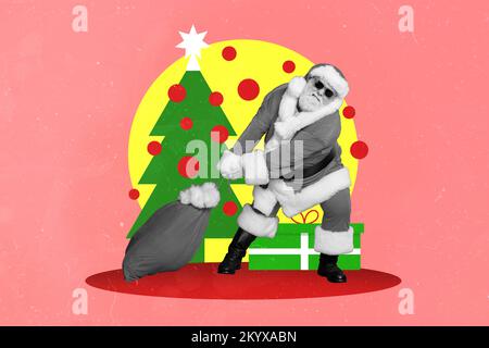 Kreatives Foto 3D Collage Kunstwerke Postkartenbroschüre des weihnachtsmanns mit hartnäckigen Geschenken, isoliert auf Malhintergrund Stockfoto