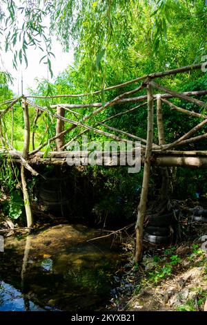 Eine hölzerne Brücke über einen kleinen Fluss unter den Baumkronen grüner Bäume Stockfoto