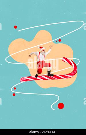 Vertikales Collage-Bild des geflogenen, flippigen Großvaters santa, des fliegenden großen Zuckerrohrsticks, isoliert auf gemaltetem Hintergrund Stockfoto