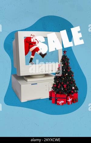 Vertikales Collage-Bild des flippigen weihnachtsmanns in einem Retro-Computer mit Leinwand, Geschenksack, dekorierte immergrüne Verkaufswerbung Stockfoto