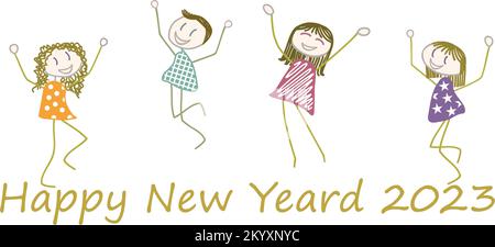 Die Charaktere tanzen zu einem Satz auf Englisch: „Happy New Year 2023“ zur Feier des neuen Jahres Stock Vektor