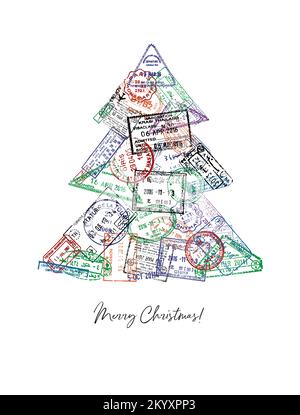 Weihnachtsbaum aus einem Passstempel im Posterstil für verschiedene Länder Stockfoto