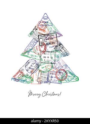 Weihnachtsbaum aus einem Passstempel im Posterstil für verschiedene Länder Stock Vektor