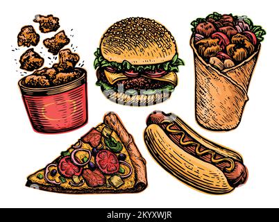 Fastfood-Set. Cheeseburger, ein Stück Pizza, Hot Dog, Kebab, gebratenes Hühnerfleisch, burger, Nuggets. Vektordarstellung Stock Vektor