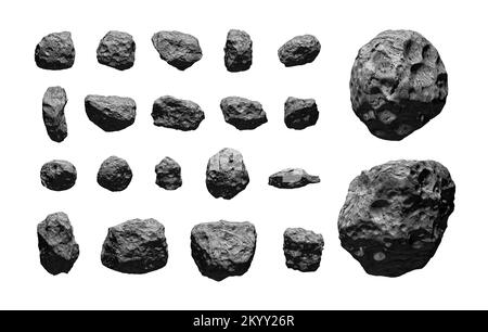 Asteroiden, isoliert auf weiß. Gruppe von Asteroiden auf weißem Hintergrund. Meteoriten. Hochauflösendes 3D-Rendering. Asteroiden isoliert auf reinem Weiß Stockfoto