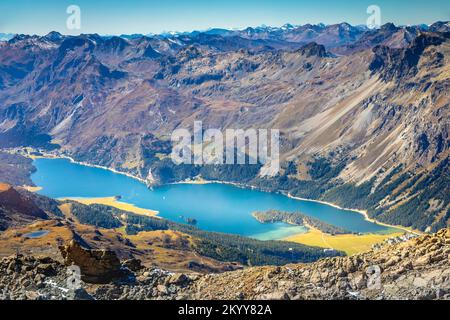 Über dem Silvaplana-See, Sils und Maloja von Piz Corvatsch, Engadine, Schweiz Stockfoto