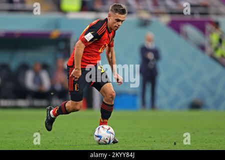 1.. Dezember 2022; Ahmed bin Ali Stadium, Al Rayyan, Katar; FIFA Fußball-Weltmeisterschaft, Kroatien gegen Belgien; Leandro Trossard von Belgien Stockfoto