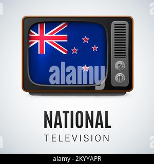 Vintage TV und Flag of New Zealand als Symbol National Television. Tele-Empfänger mit Flaggenfarben Stock Vektor
