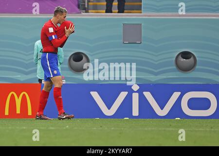 Al-Rayan, Katar. 02.. Dezember 2022. 1.. Dezember 2022; Ahmed bin Ali Stadium, Al Rayyan, Katar; FIFA Fußball-Weltmeisterschaft, Costa Rica gegen Deutschland; Juan Pablo Vargas aus Costa Rica feiert sein Tor Credit: Action Plus Sports Images/Alamy Live News Stockfoto