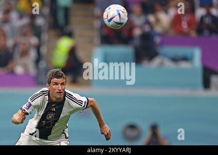 Al-Rayan, Katar. 02.. Dezember 2022. 1.. Dezember 2022; Ahmed bin Ali Stadion, Al Rayyan, Katar; FIFA Fußball-Weltmeisterschaft, Kroatien gegen Belgien; Thomas Muller aus deutschland sieht sich den Flug für eine Kopfzeile an. Credit: Action Plus Sports Images/Alamy Live News Stockfoto