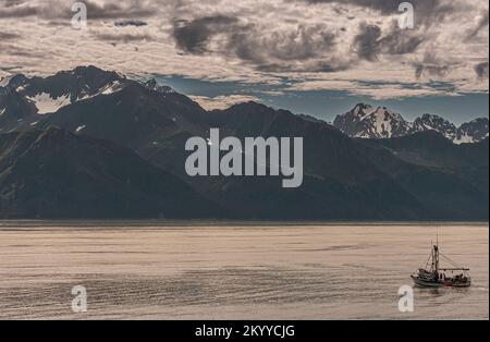 Seward, Alaska, USA - 22. Juli 2011: Landschaft mit Meereswasser und grüner Bergkette in der Resurrection Bay unter dunkler Wolkenlandschaft. Kleiner rot-grüner Fi Stockfoto