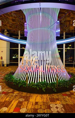 SINGAPUR - 09. NOVEMBER 2015: The Social Tree am Flughafen Changi. Der Social Tree ist eine avantgardistische Gedächtniskapsel, Changis größte interaktive Installa Stockfoto